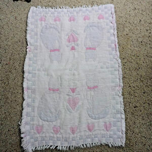 Vintage Primitive Cottage Cat Rug Handmade FLAWED Cats Decor‎ Grandma VTG Hearts